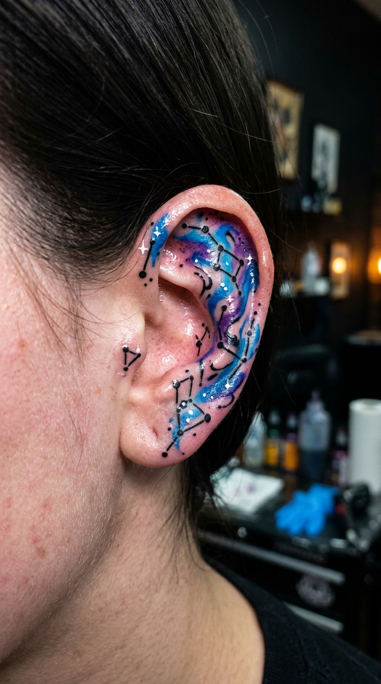 Sternenkarte als Oldschool und Newschool Tattoo für das Ohr