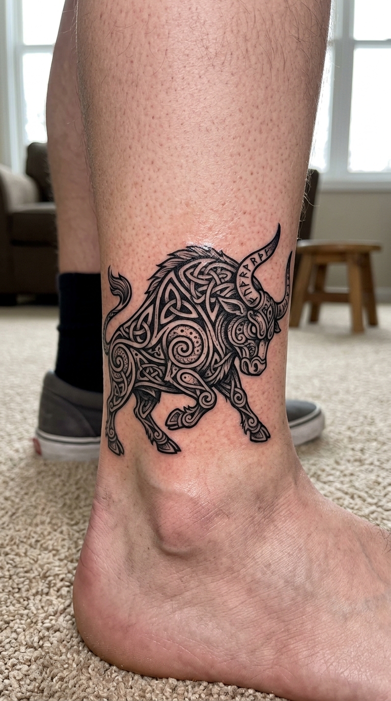 Stier im Wikinger und Celtic Stil als Tattoo Idee für den Knöchel