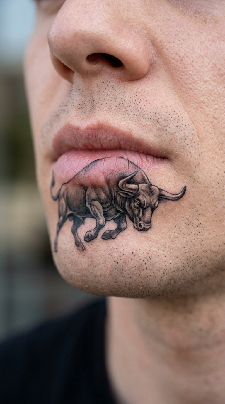 Stier mit gesenktem Kopf als 3D Tattoo für die Unterlippe