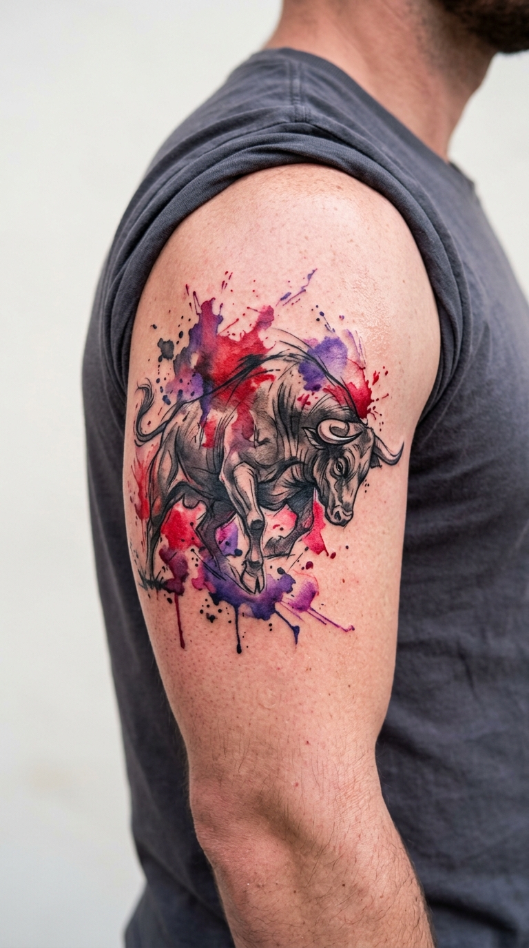 Stier mit gesenktem Kopf als Aquarell Tattoo Idee für den Oberarm