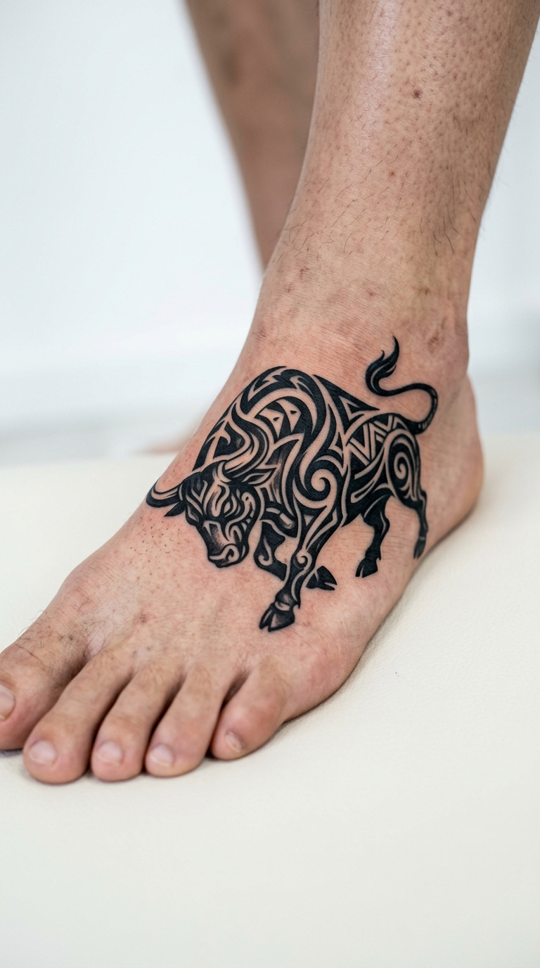 Stier mit gesenktem Kopf als Tribal Tattoo für den Fuß