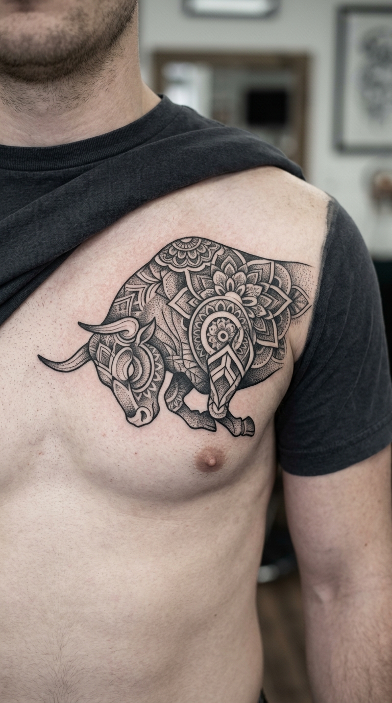 Stier mit Mandala Mustern als Tattoo Idee für Brust & Oberkörper