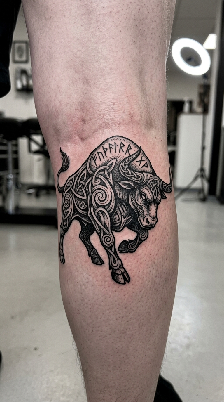 Stier mit Runen als Wikinger und Celtic Tattoo für die Kniekehle