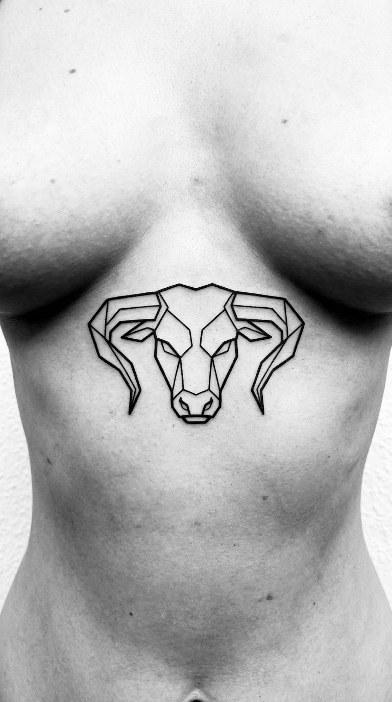 Stierkopf als grafisches Symbol Tattoo für den Underboob
