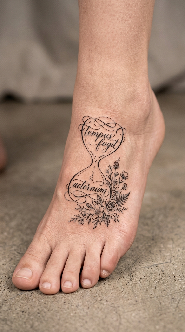 Stundenglas mit Blüten als Schrift Tattoo für den Fuß