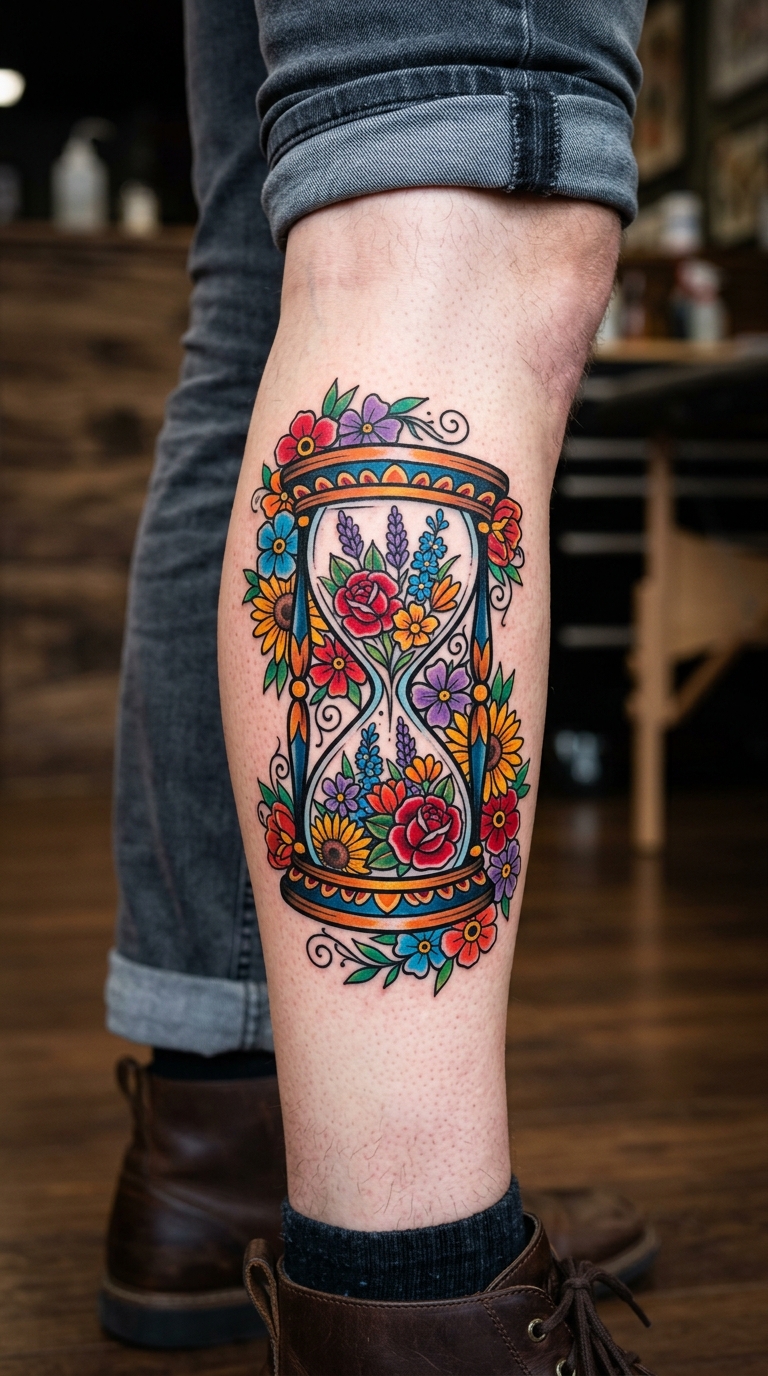 Stundenglas mit Blumen als Comic Tattoo Idee für das Bein