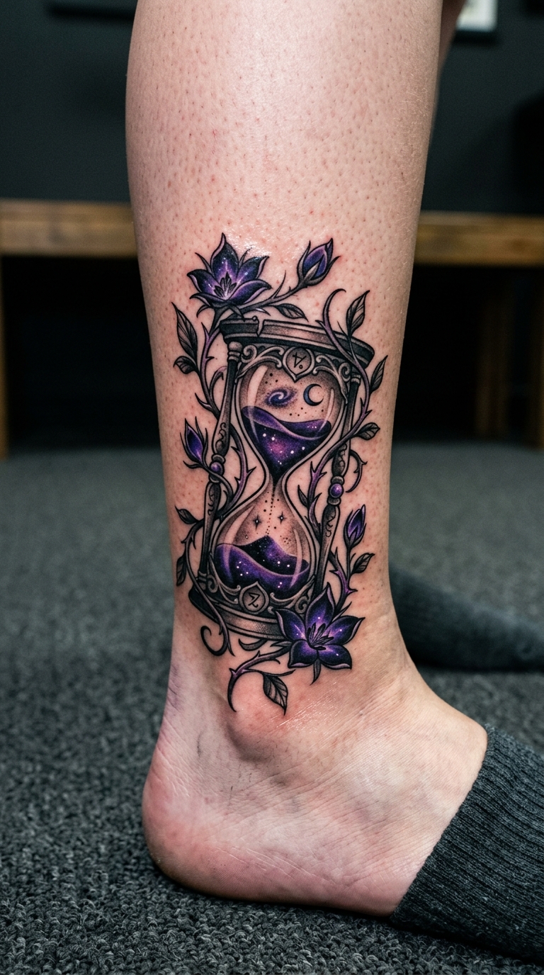 Stundenglas mit Ranken als mystisches Tattoo für den Knöchel