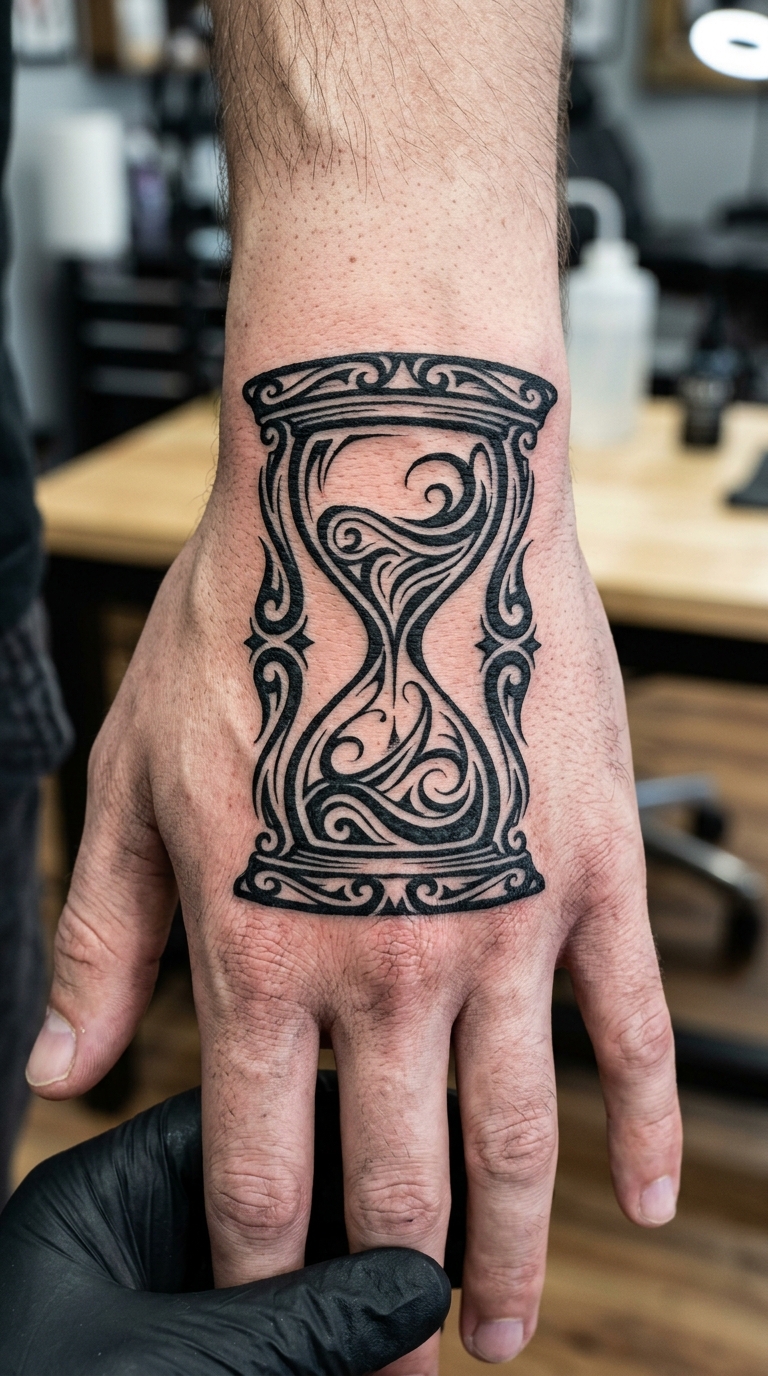 Stundenglas Tattoo mit Tribal Mustern für die Hand