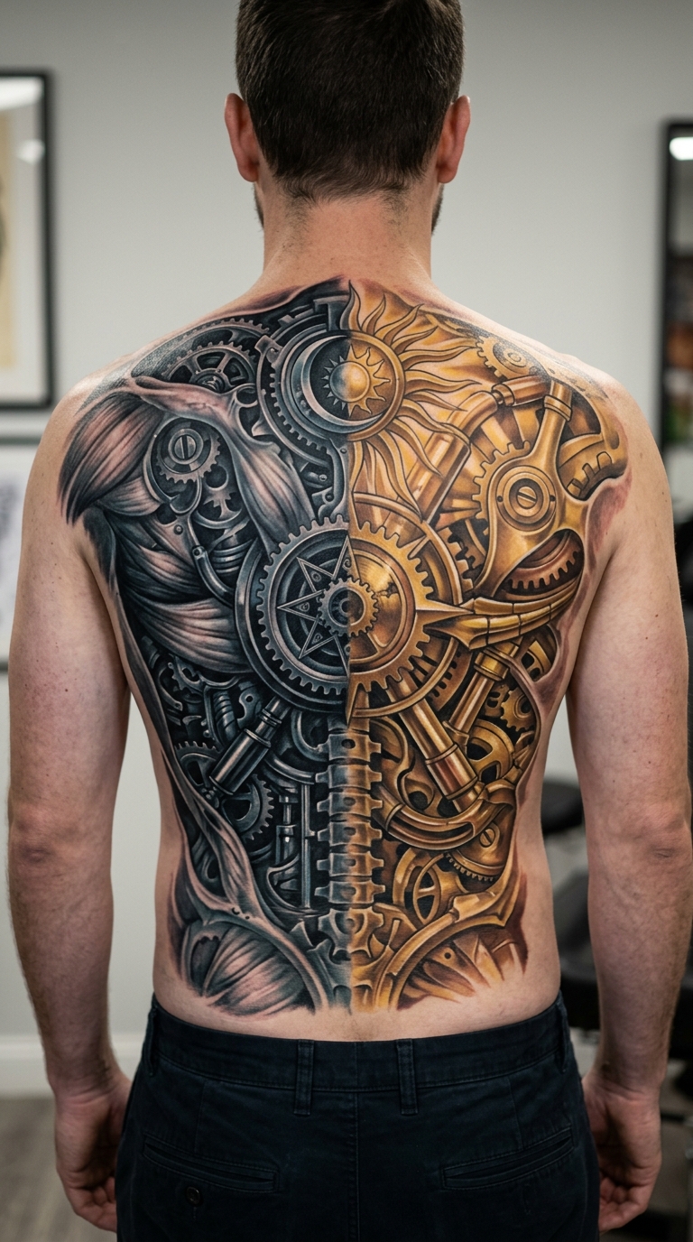 Tag und Nacht als biomechanisches Tattoo für den Rücken