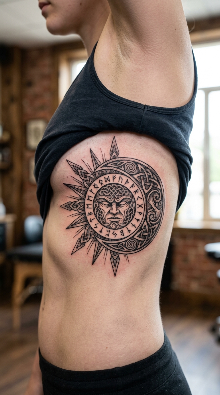 Tag und Nacht als Wikinger und Celtic Tattoo auf den Rippen