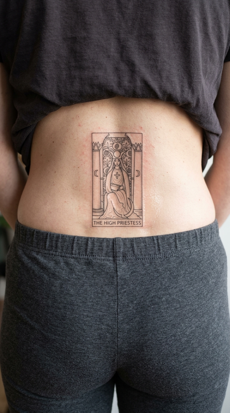 Tarotkarte als Fineline Tattoo für das Steißbein