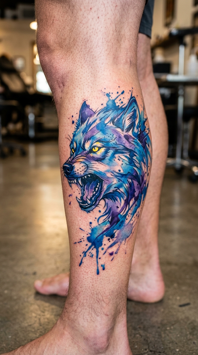 Tattoo Idee Fenrir der Wolfsgott als Aquarell für das Bein