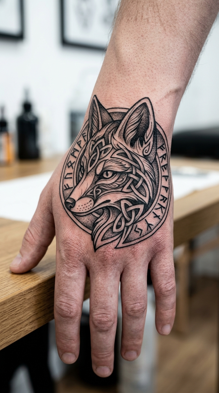 Tattoo Idee Fuchs mit keltischen Knoten für die Hand