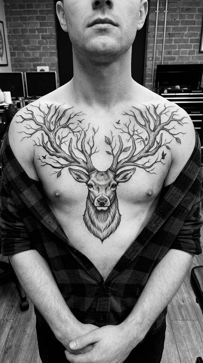 Tattoo Idee Hirschgeweih mit Baumwurzeln für Brust & Oberkörper