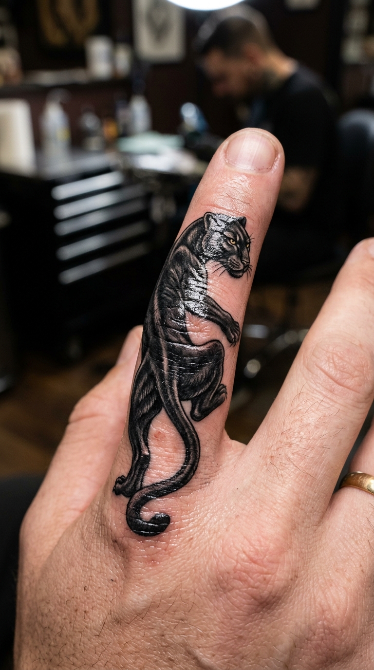 Tattoo Idee kleiner Panther als Cover up für den Finger
