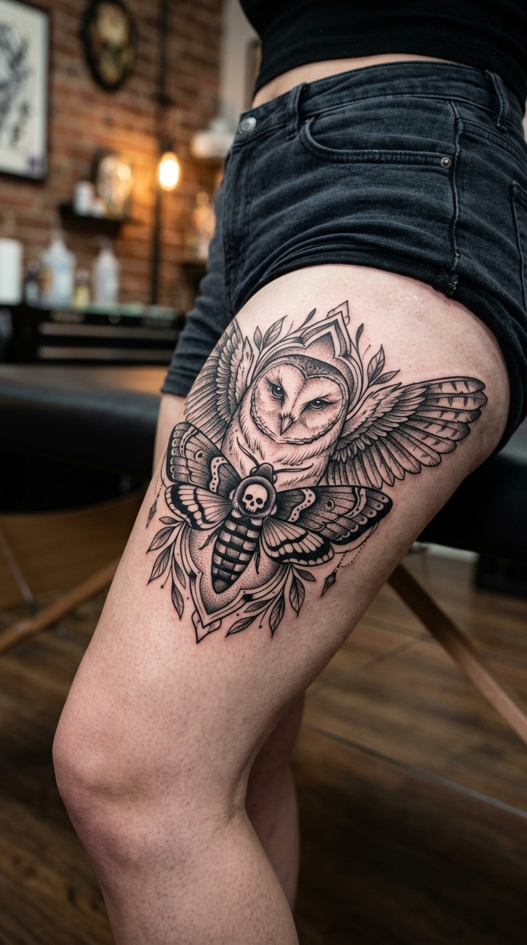 Tattoo Idee Lebenszyklus mit Eule und Falter für den Oberschenkel