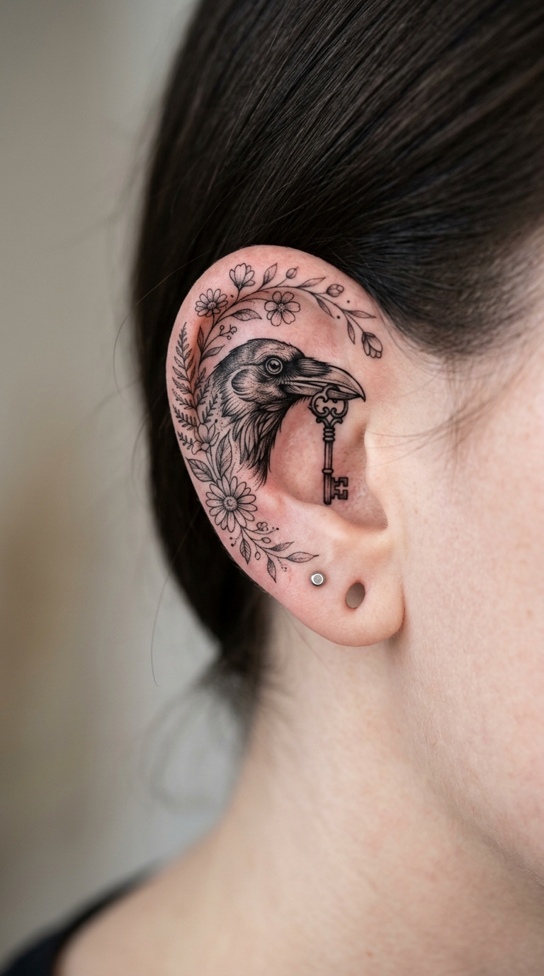 Tattoo Idee Rabe mit Schlüssel als florales Design für das Ohr