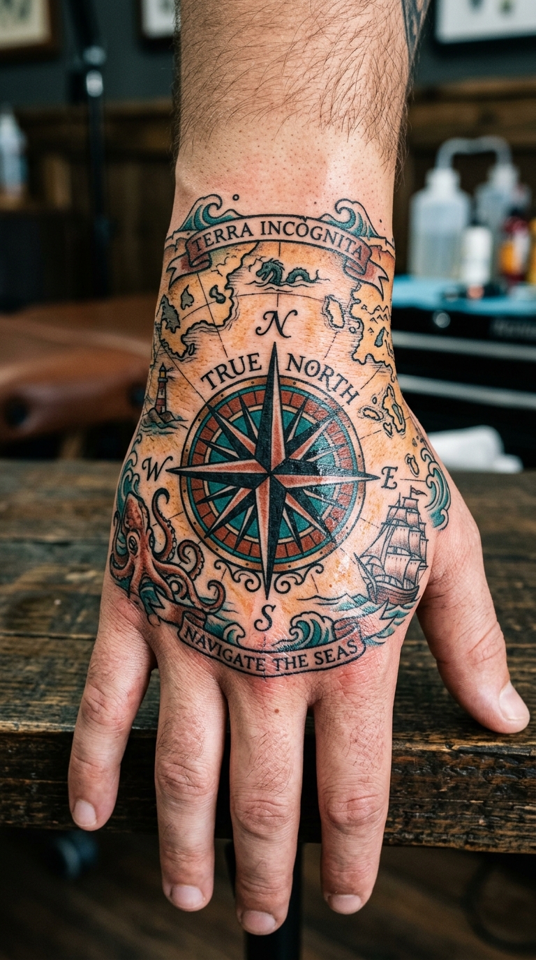Tattoo Vorlage Alte Seekarte als Neo Traditional Design