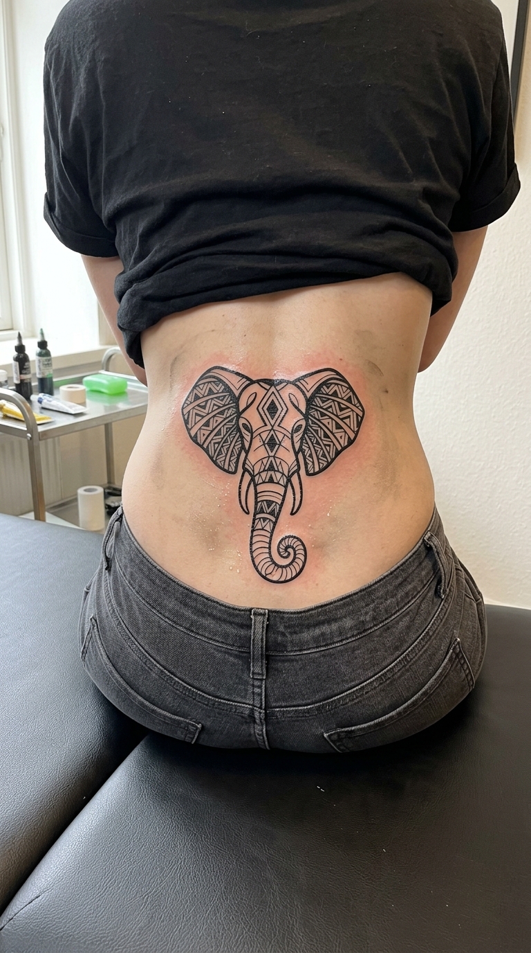 Tattoo Vorlage Elefantenkopf als grafisches Symbol für das Steißbein