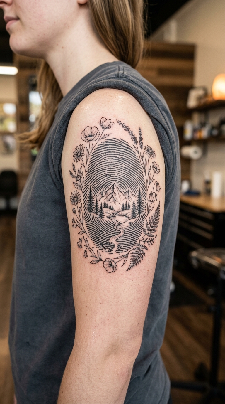 Tattoo Vorlage Fingerabdruck mit Bergpanorama und Blumen
