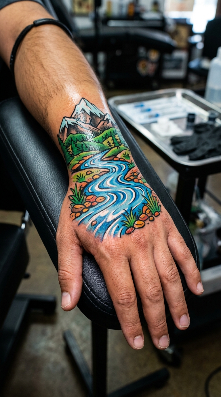 Tattoo Vorlage Gebirgsbach im Comic Stil für die Hand