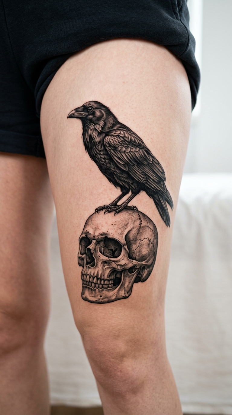 Tattoo Vorlage Krähe auf Schädel für den Oberschenkel