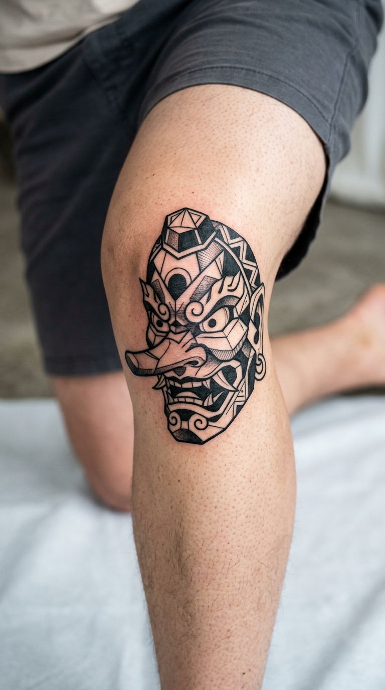 Tattoo Vorlage Tengu Maske in der Kniekehle
