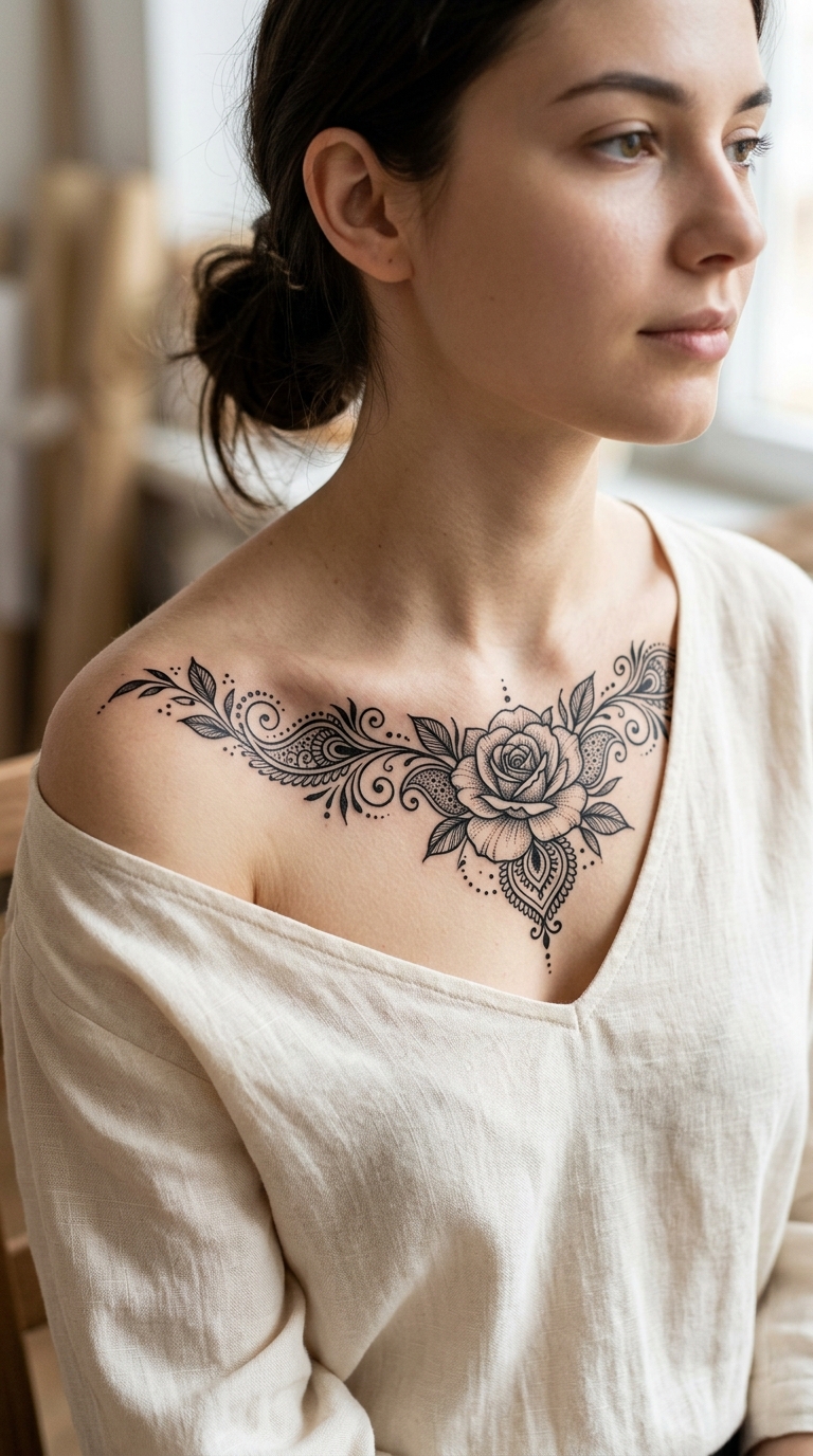Tattoo Vorlage Wildrose im Henna Stil für das Schlüsselbein