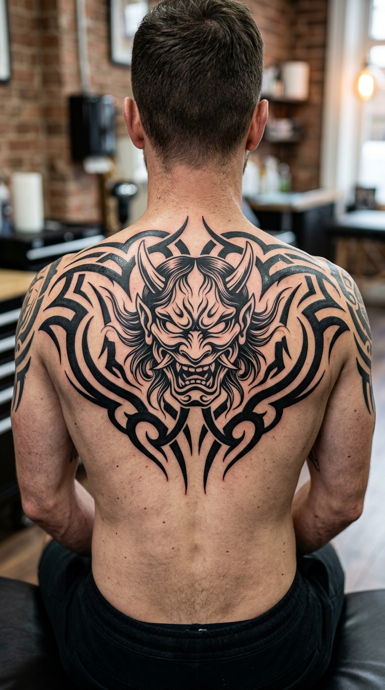 Tengu als markantes Tribal Tattoo für den Rücken