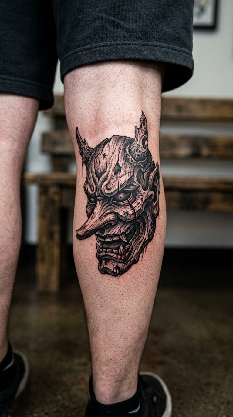Tengu Dämon als düsteres Horror Tattoo für die Kniekehle