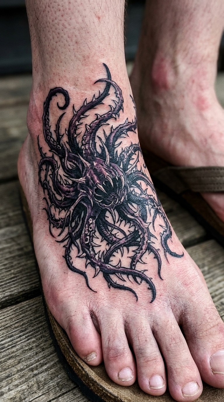 Tiefseepflanze als Horror Tattoo Idee für den Fuß