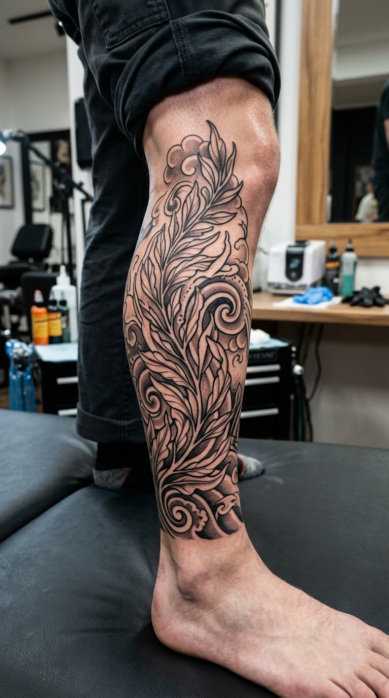 Tiefseepflanze als japanisches Tattoo für das Bein