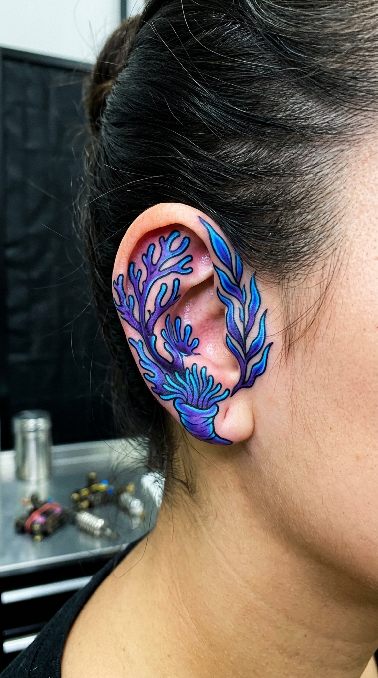 Tiefseepflanze als Oldschool und Newschool Tattoo für das Ohr