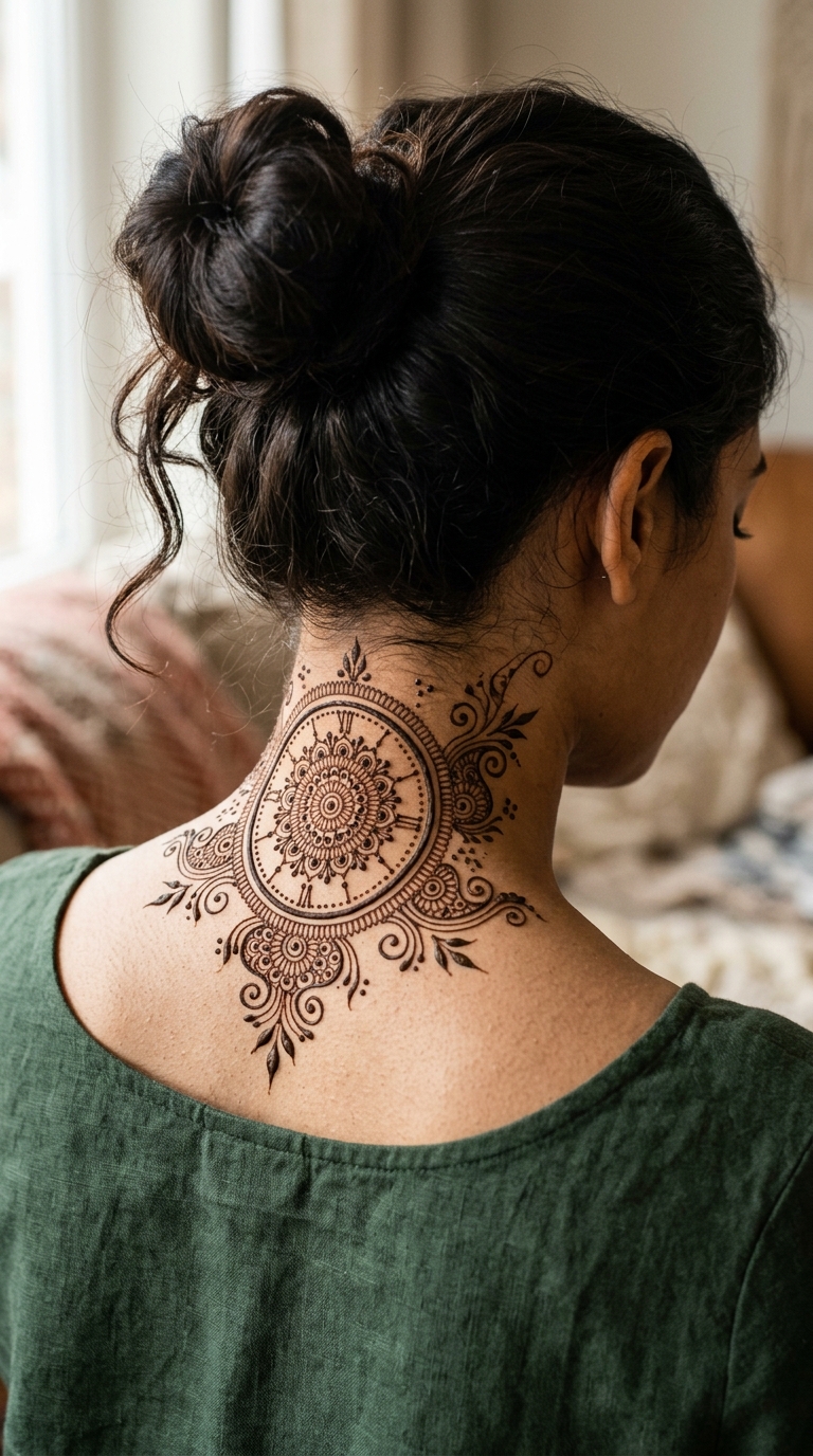 Uhr ohne Zeiger als Henna Tattoo Idee für den Hals