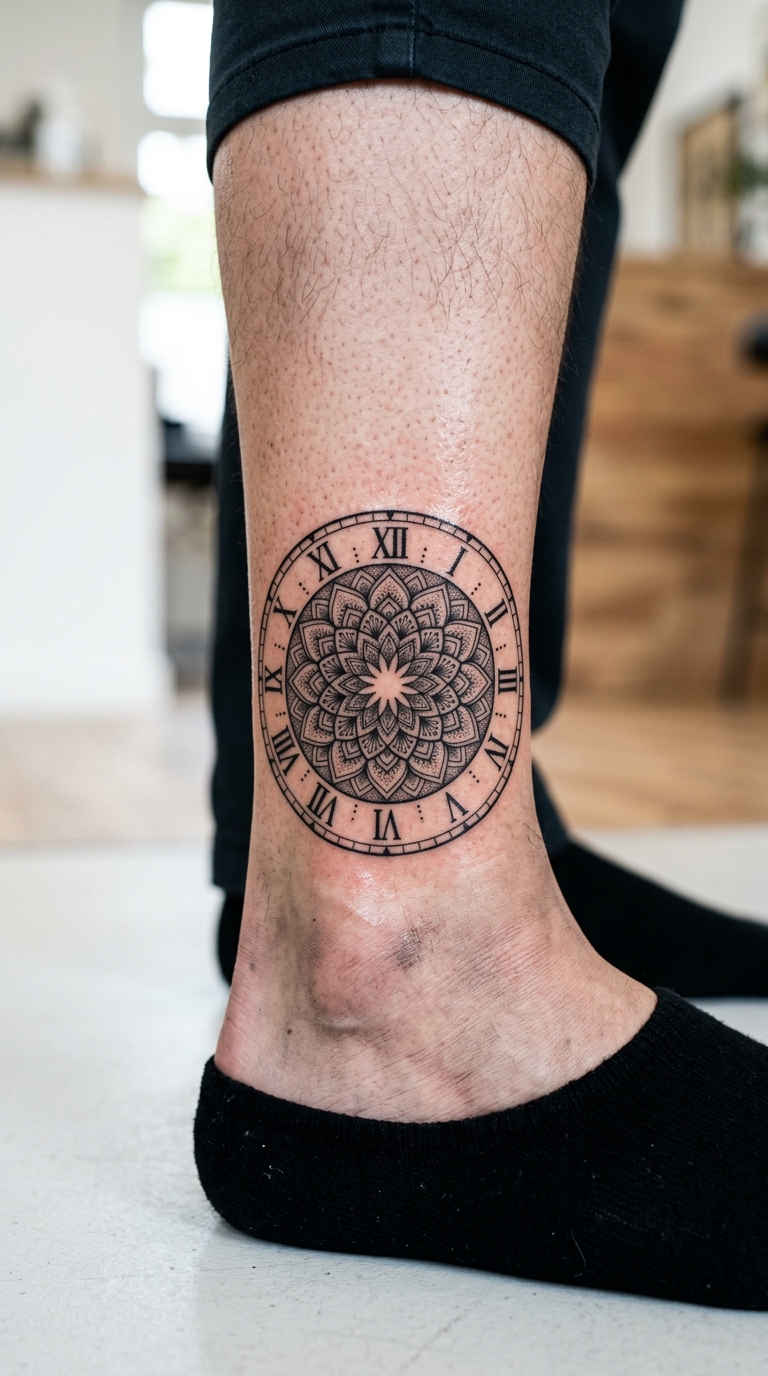 Uhr ohne Zeiger als Mandala Tattoo Idee für den Knöchel