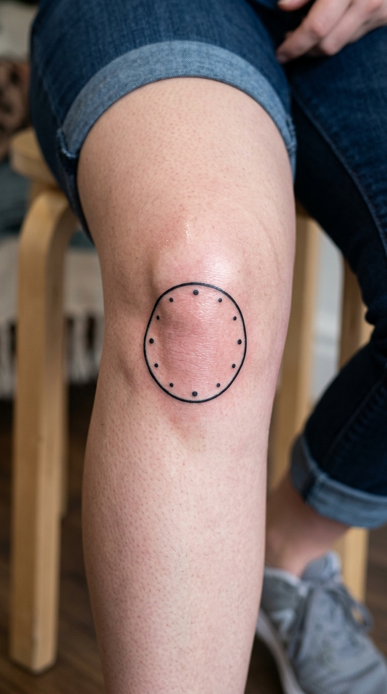 Uhr ohne Zeiger Tattoo Idee für die Kniekehle