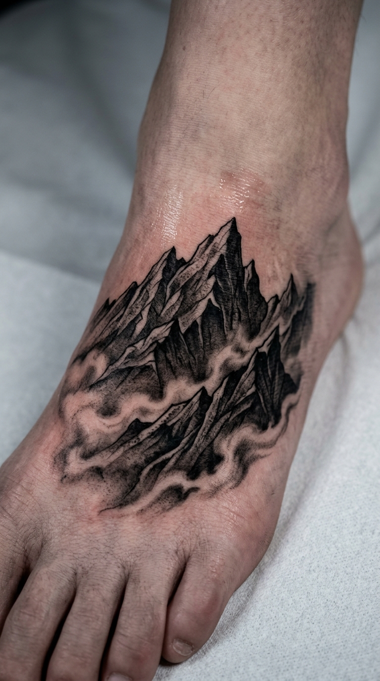 Unheimliche Bergkette im Nebel als Horror Tattoo Idee für den Fuß