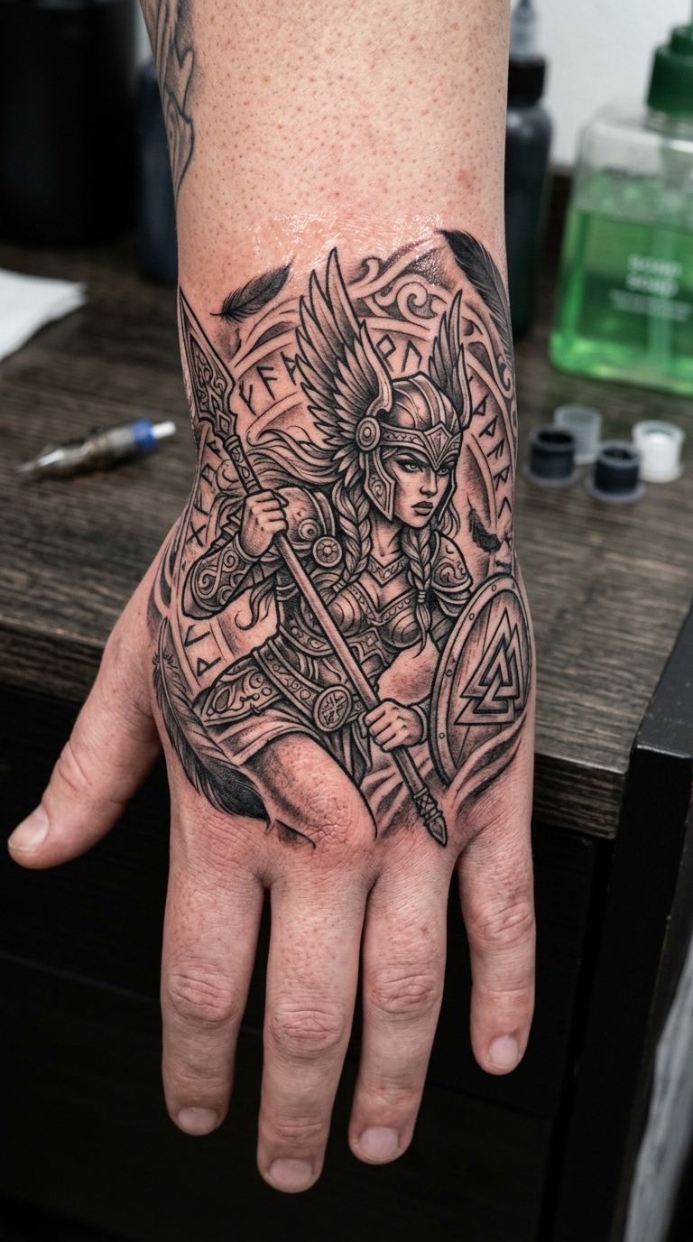 Valkyrie mit Speer als Cover up Tattoo für die Hand