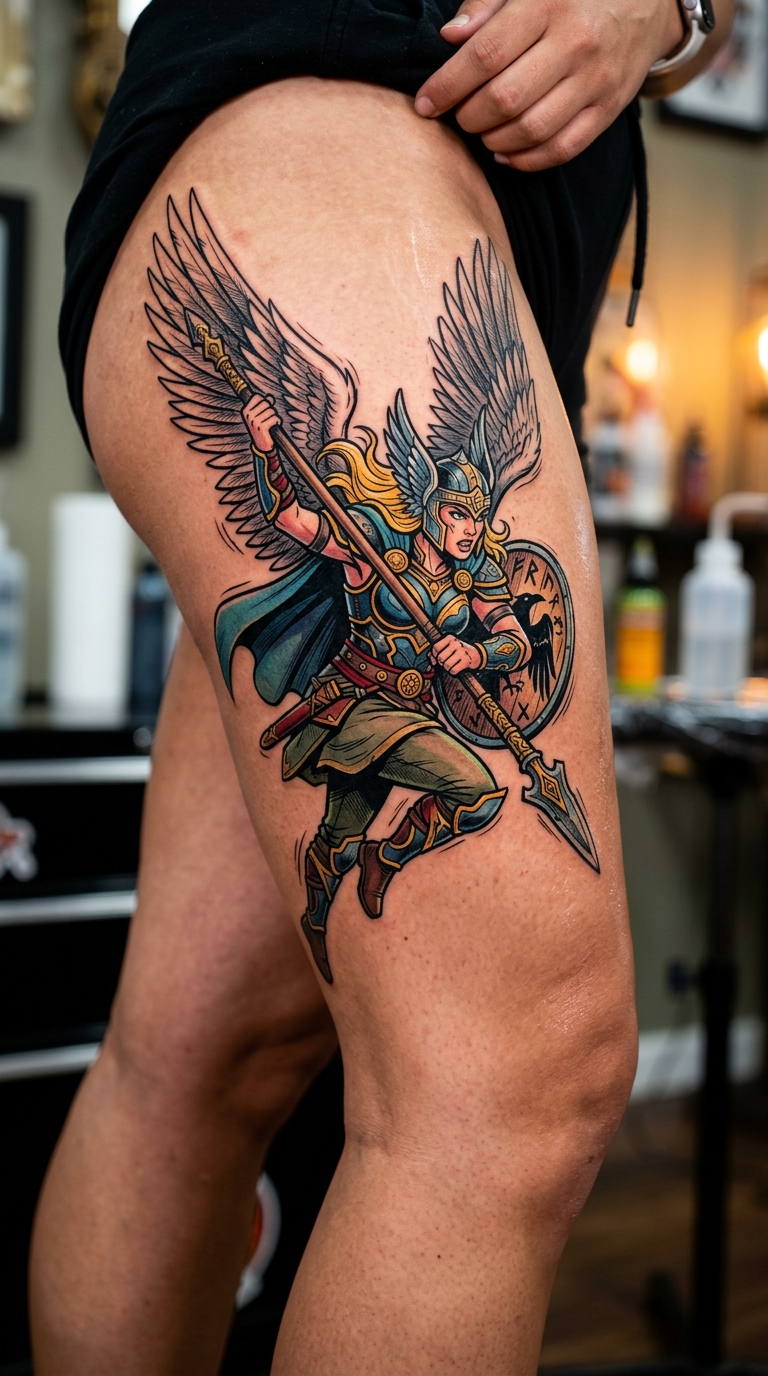 Valkyrie mit Speer Tattoo Idee für den Oberschenkel