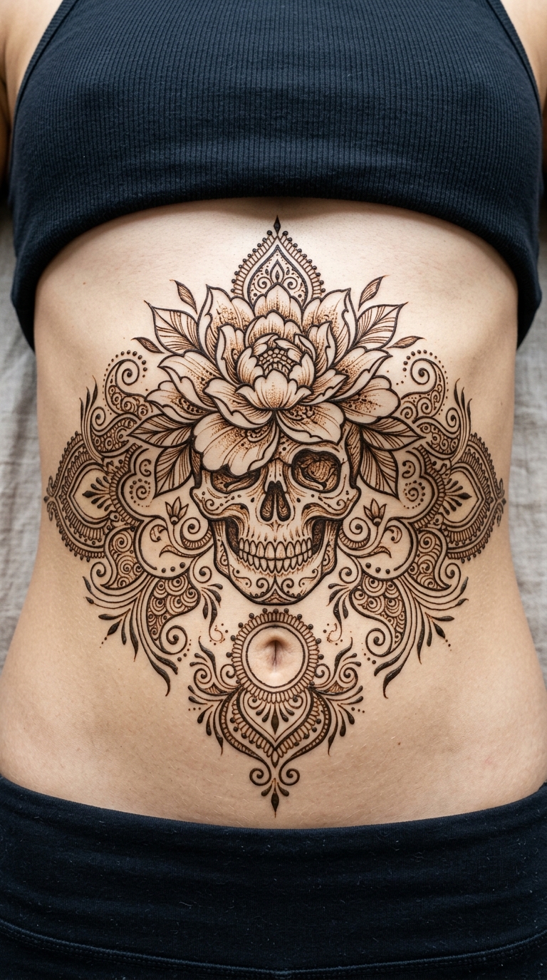 Verbindung von Leben und Tod als Henna Tattoo für den Bauch