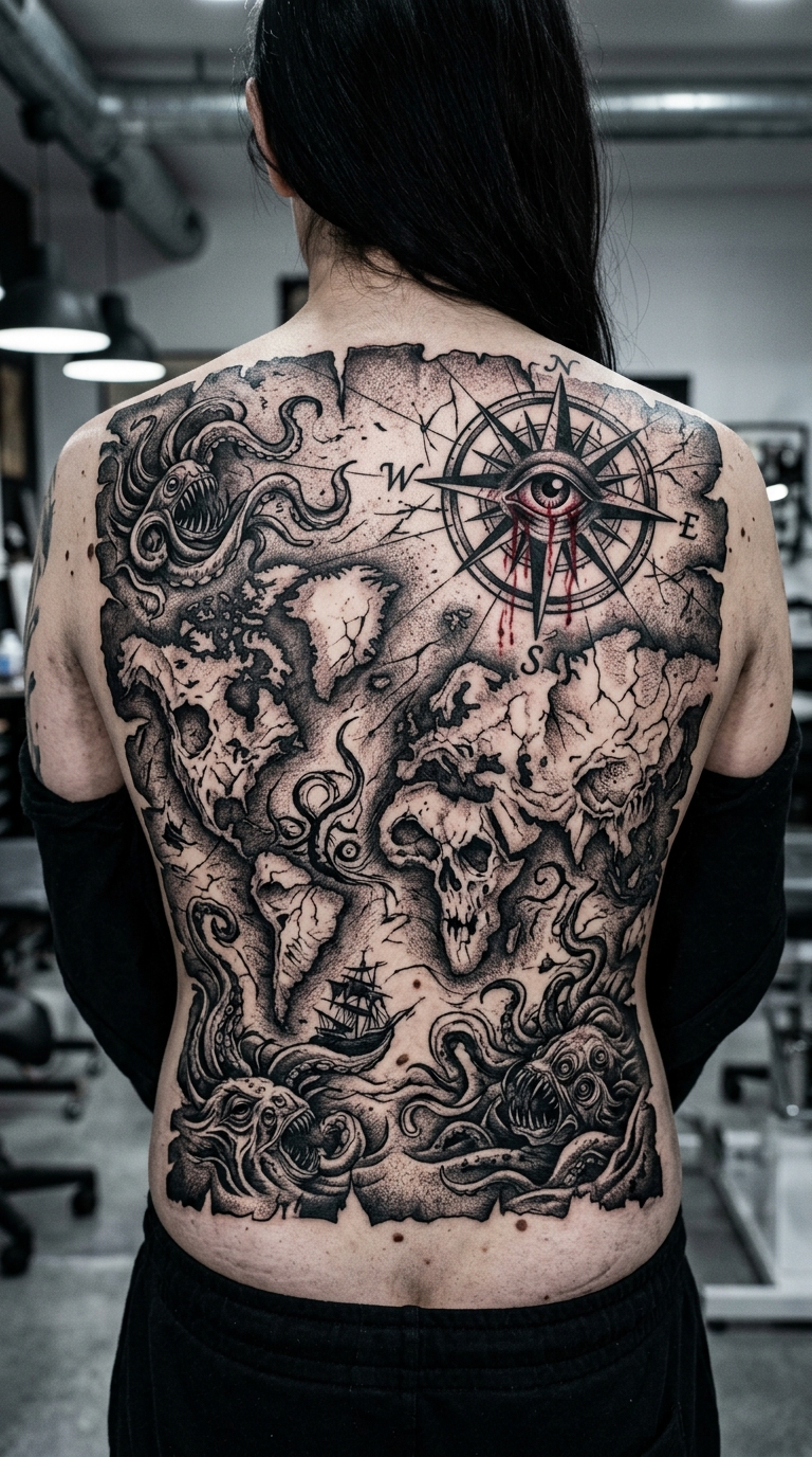 Verfluchte Seekarte als Horror Tattoo auf dem Rücken