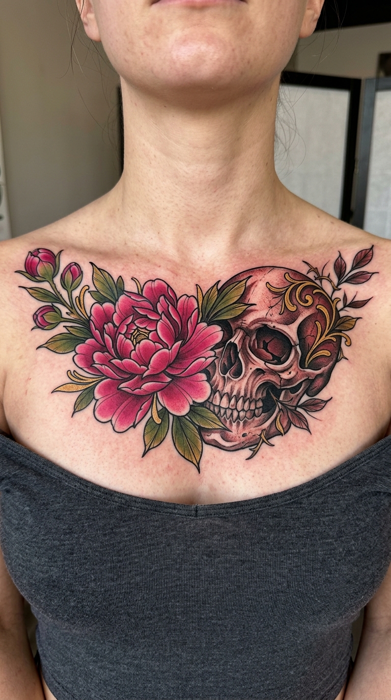 Vergänglichkeit als Neo Traditional Tattoo auf dem Schlüsselbein