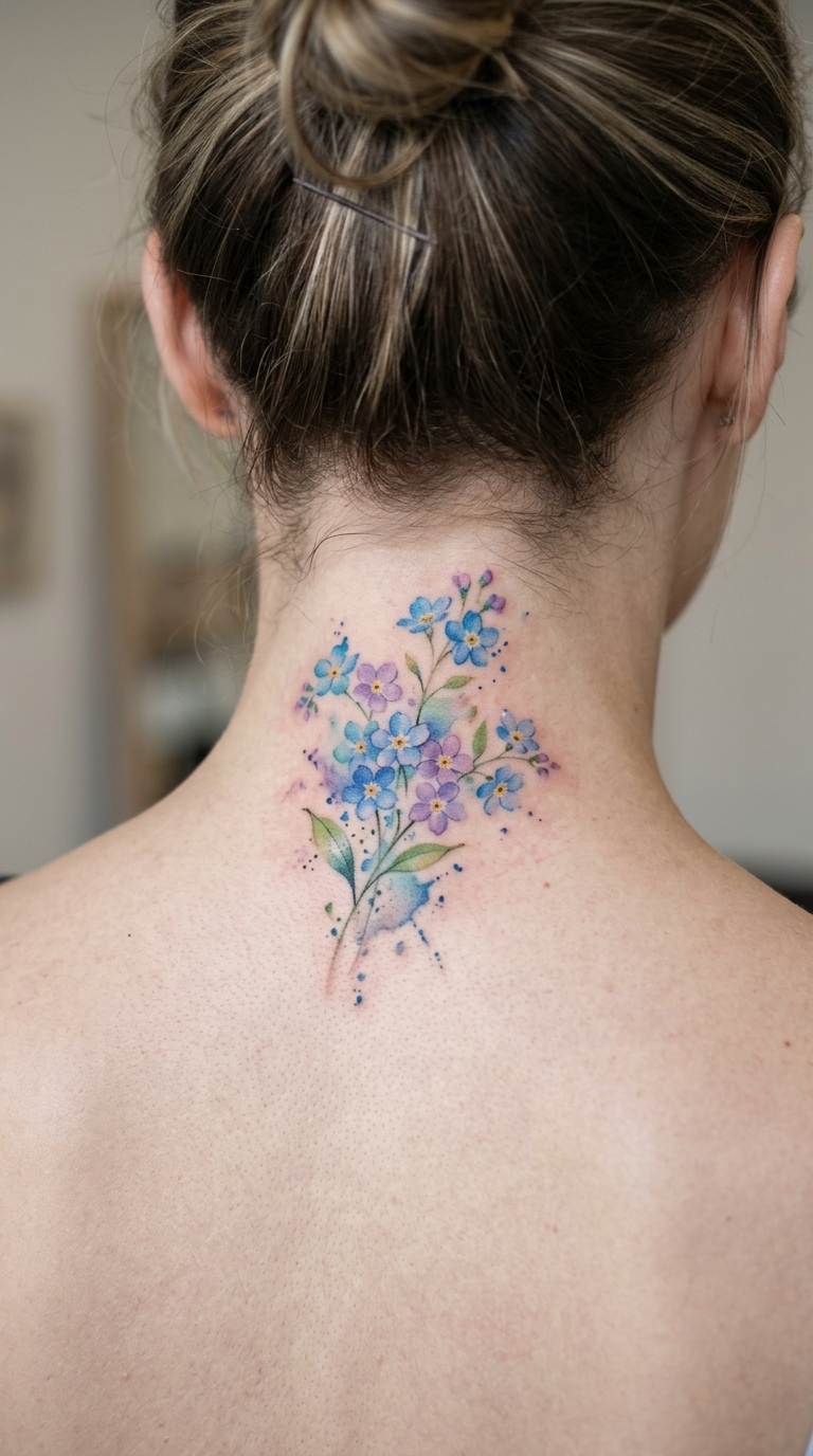 Vergissmeinnicht als Aquarell Tattoo Idee für den Nacken