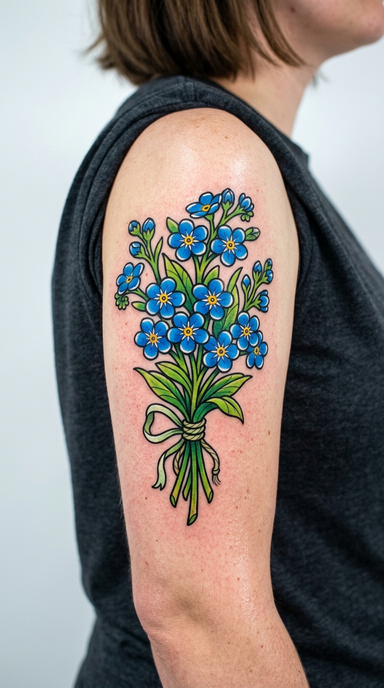 Vergissmeinnicht als farbenfrohes Comic Tattoo für den Arm