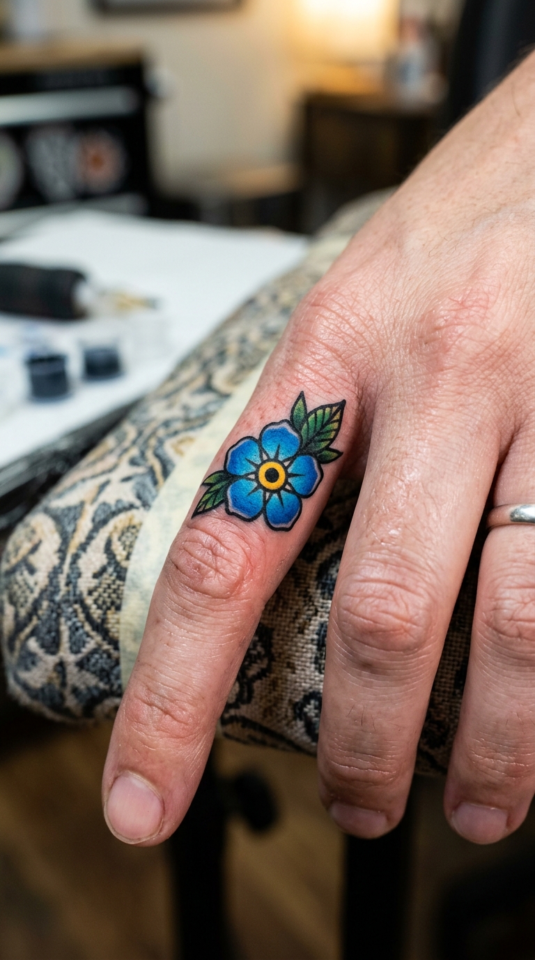 Vergissmeinnicht als florales Finger Tattoo
