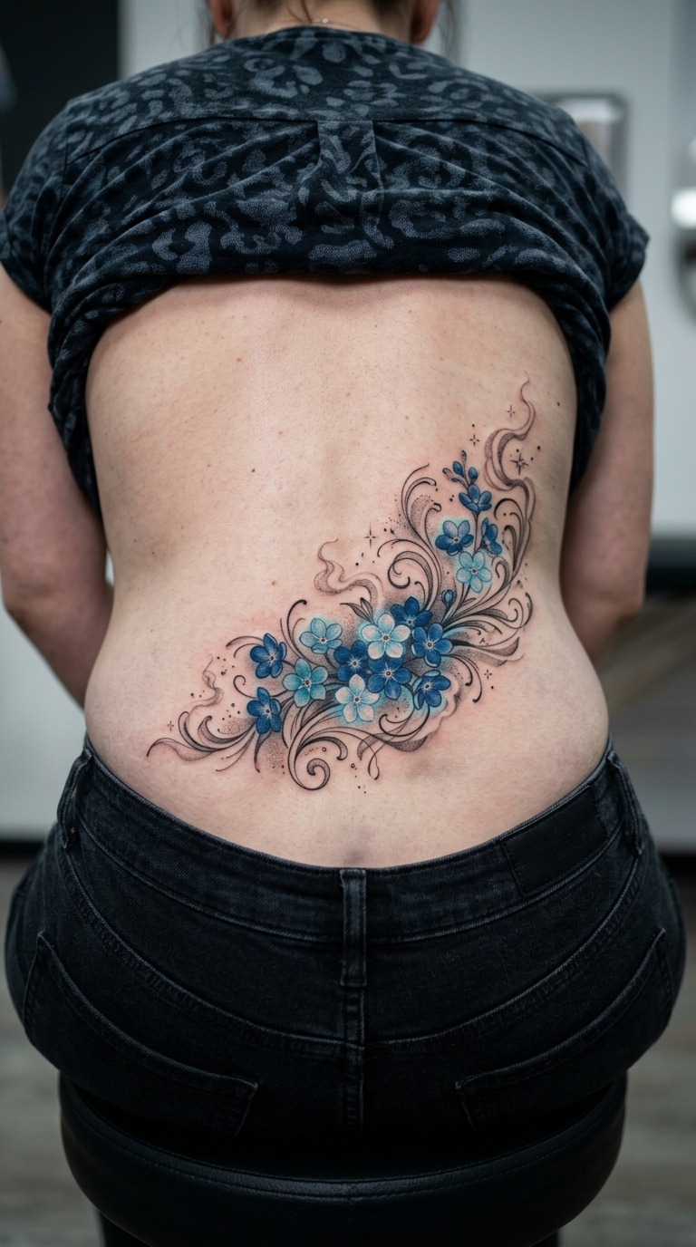 Vergissmeinnicht als mystisches Fantasy Tattoo für das Steißbein