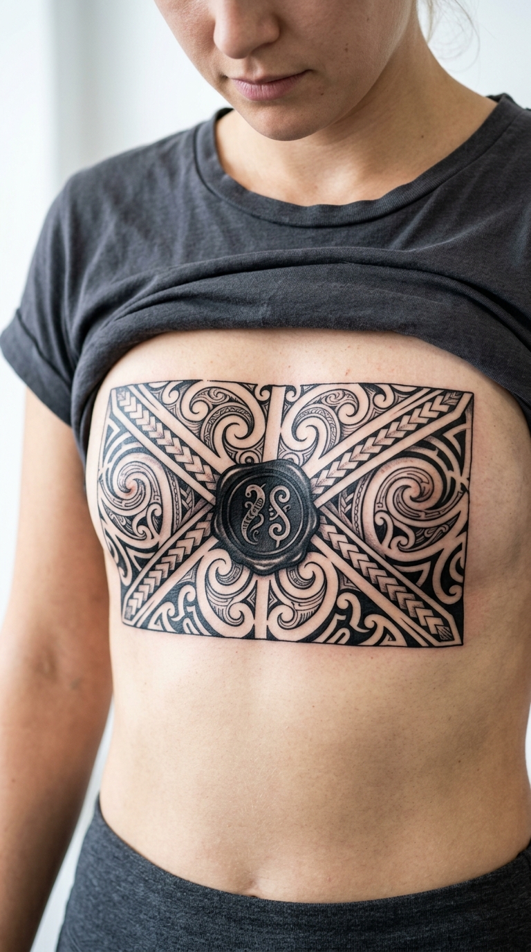 Versiegelter Briefumschlag im Maori Stil als Tattoo Idee für den Underboob