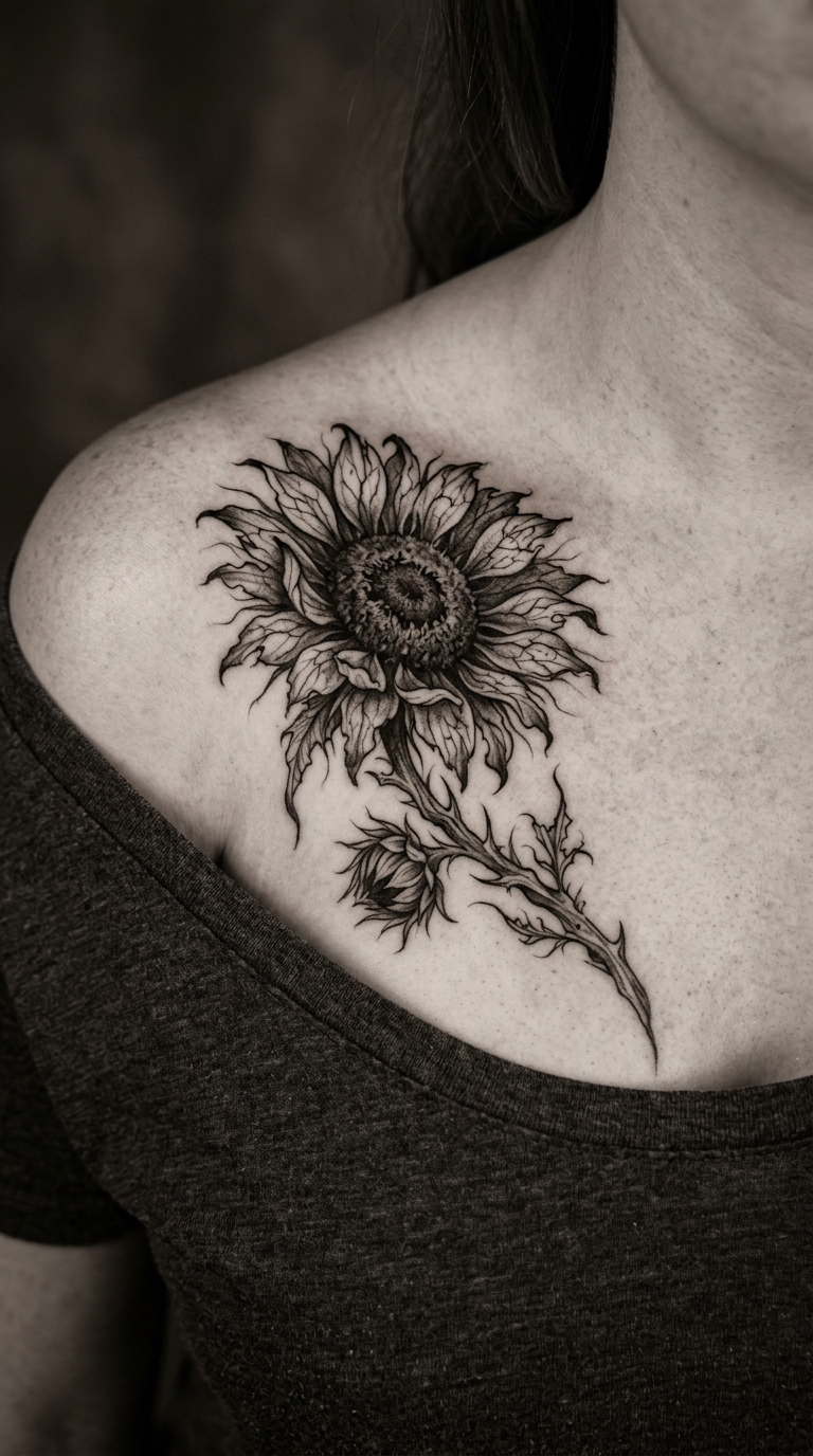 Verwelkte Sonnenblume als Horror Tattoo für das Schlüsselbein