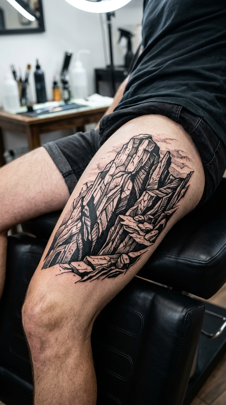 Verwitterte Felsformation als Blackwork Tattoo auf dem Oberschenkel
