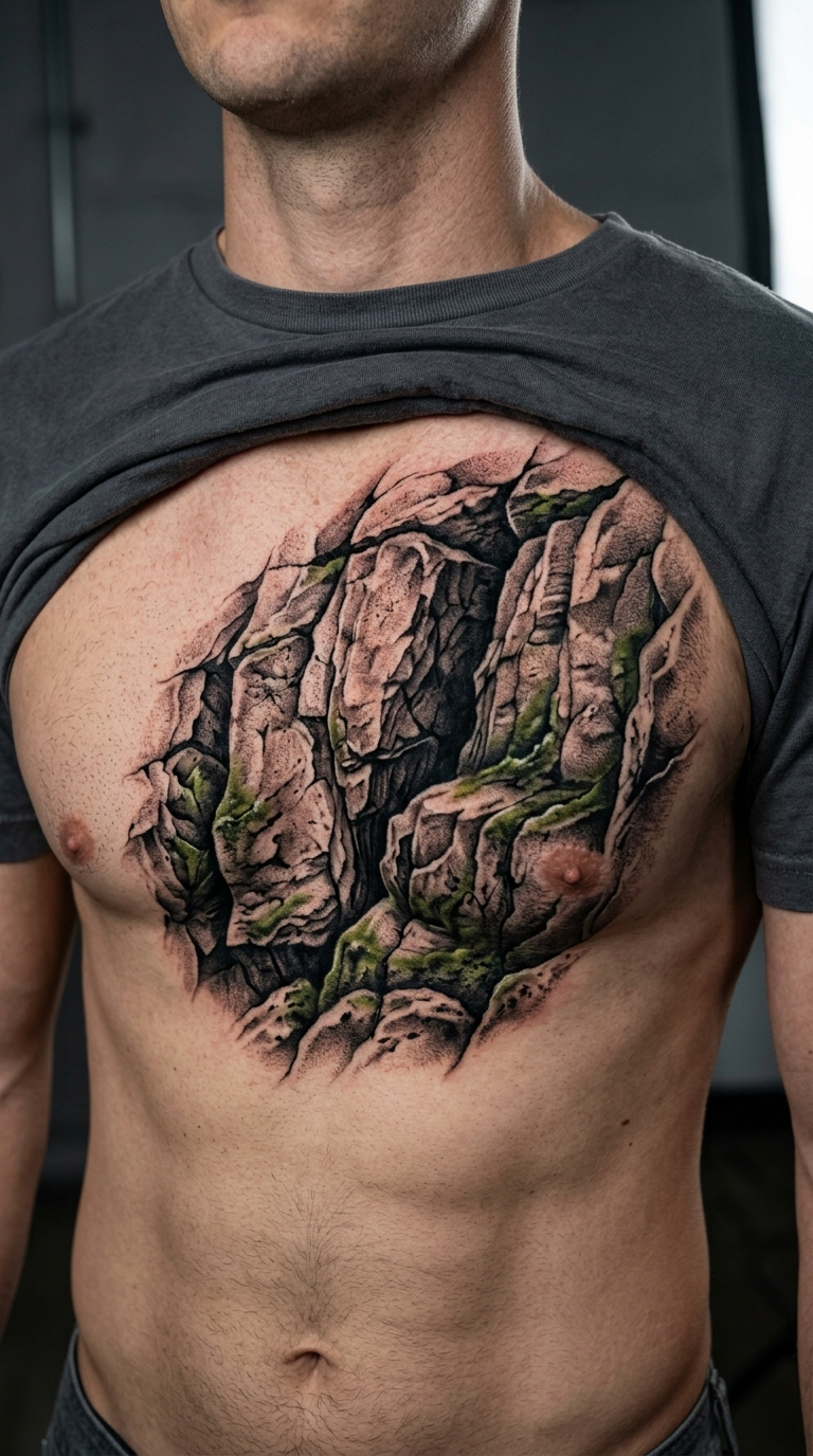 Verwitterter Fels als 3D Tattoo Idee für Brust & Oberkörper